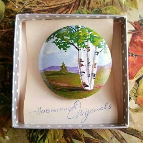 Vintage Jewelry - Beautiful hand painted birch tree brooch